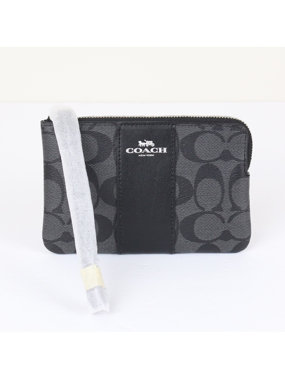 NWT Coach F58035 Black Smoke Signature Coated Canvas Corner Zip Wristlet Wallet